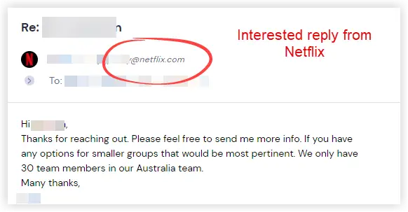 Email reply screenshot from Netflix. The sender name and address are obscured.