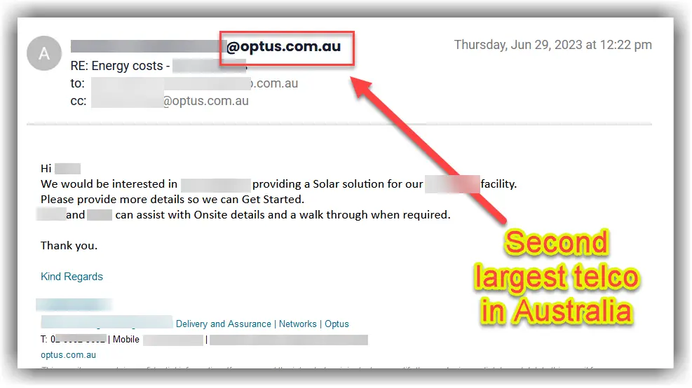 Email reply screenshot from Optus. The sender details are obscured.