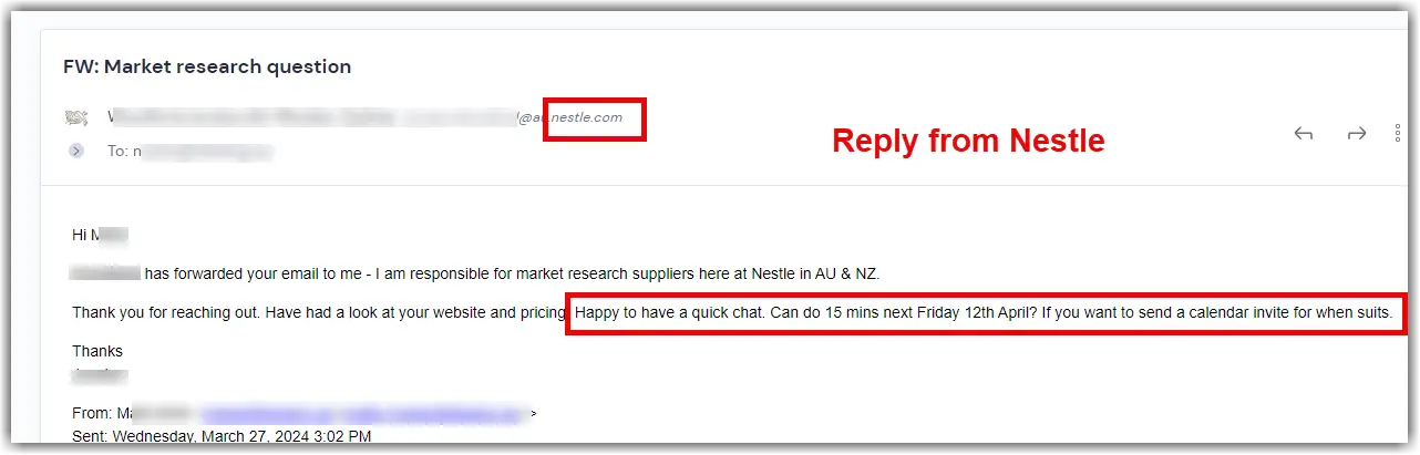 Email reply screenshot from Nestle. The sender details are obscured.