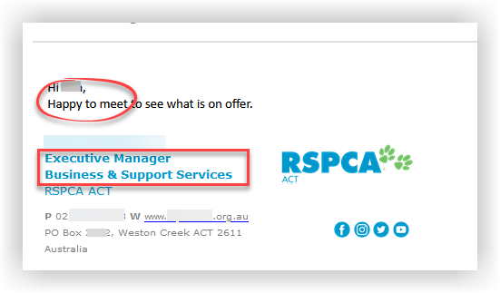 Email reply screenshot from RSPCA ACT. The sender details are obscured.
