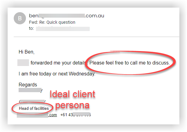 Positive prospect reply screenshot 1. Personal details are obscured.