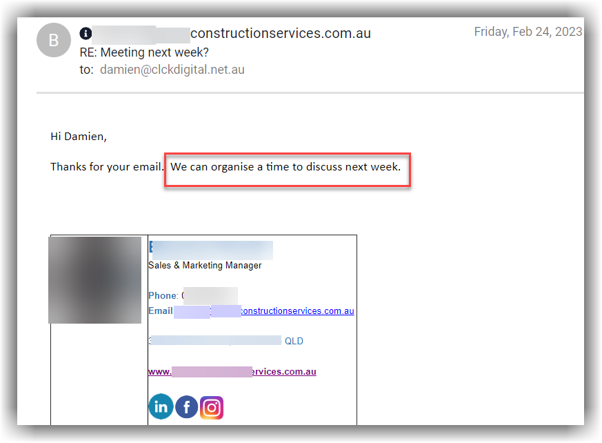 Positive prospect reply screenshot 2. Personal details are obscured.
