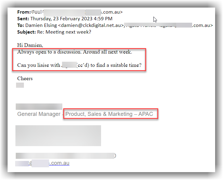 Positive prospect reply screenshot 3. Personal details are obscured.
