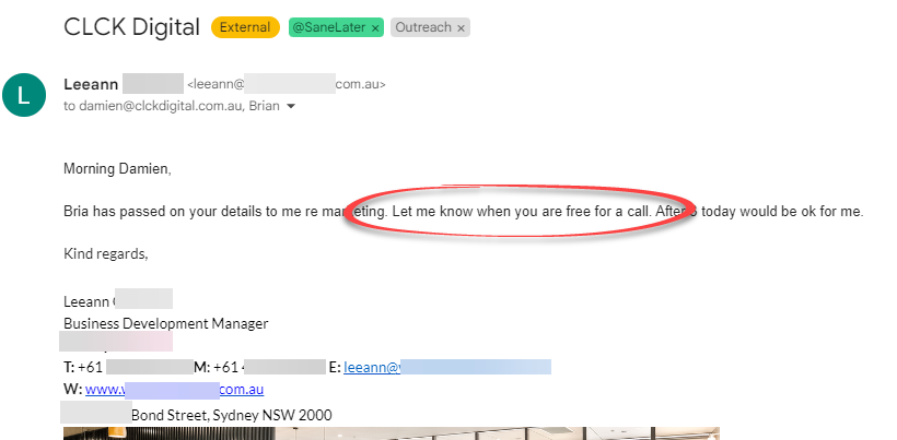 Positive prospect reply screenshot 5. Personal details are obscured.