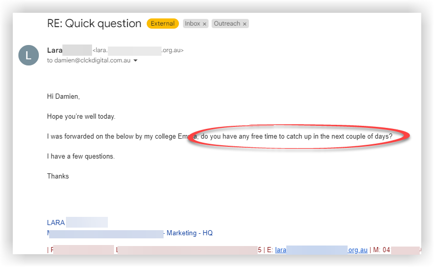 Positive prospect reply screenshot 6. Personal details are obscured.