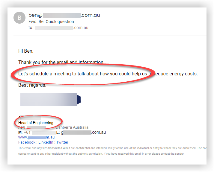 Positive prospect reply screenshot 7. Personal details are obscured.