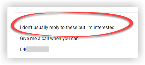 Positive prospect reply screenshot 8. Personal details are obscured.