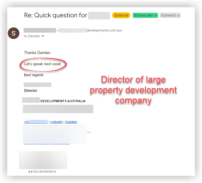 Positive prospect reply screenshot 9. Personal details are obscured.