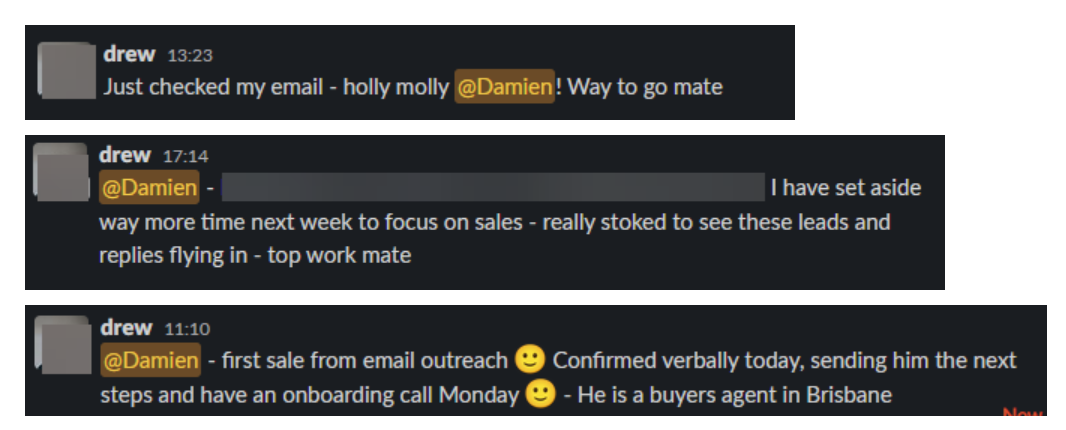 Client messages reporting a first sale from email outreach and five clients.