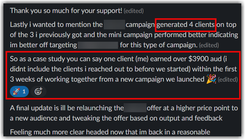 Client feedback screenshot reporting four clients in the first three weeks.