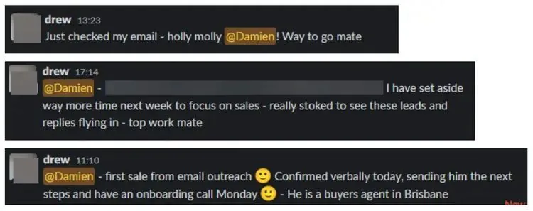 Slack messages from a client: really stoked to see these leads and replies flying in. First sale from email outreach. Details blurred.
