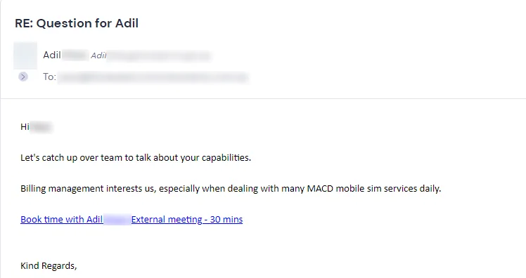 Email reply from a chief information officer: Let's catch up to talk about your capabilities. Billing management interests us. Includes a booking link. Surname and email blurred.