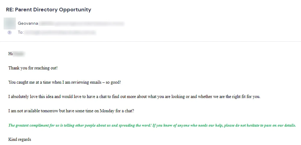 Email reply from a law firm director: I absolutely love this idea and would love to have a chat. I have some time on Monday. Surname and email blurred.